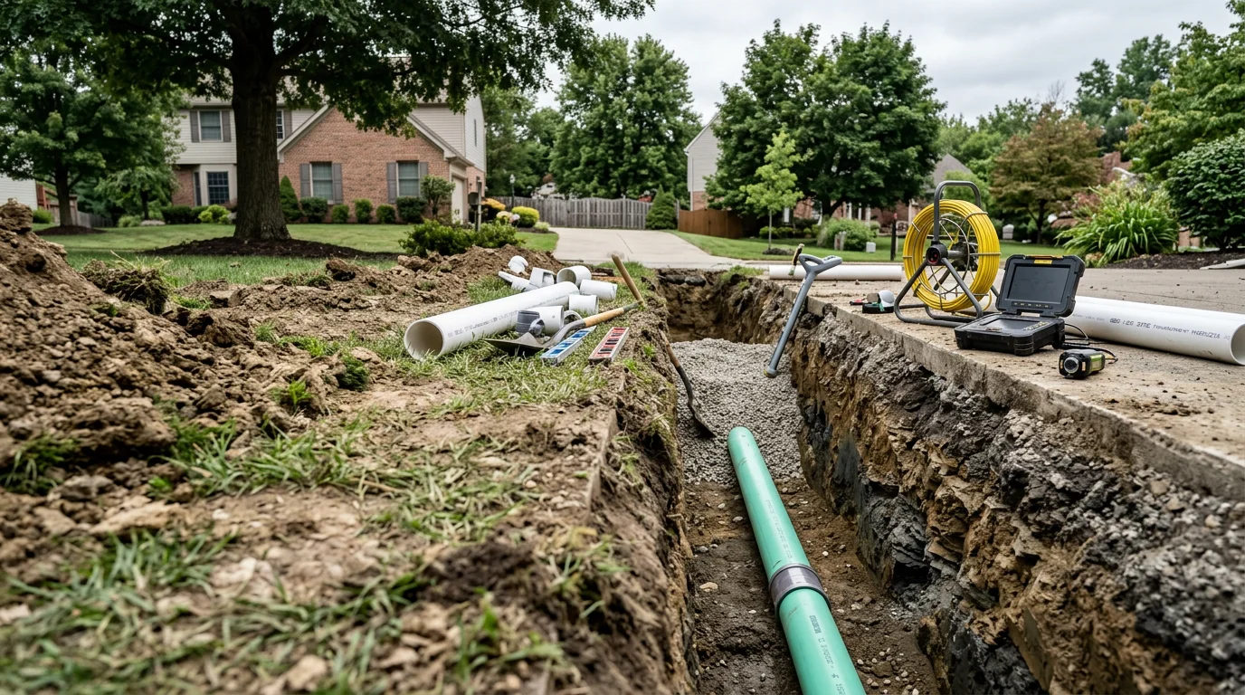 A plumber inspecting an exposed residential sewer line trench in a Cranberry Township backyard, with clay soil visible along the excavated pipe run. The old pipe section shows cracking consistent with ground movement common in Butler County.