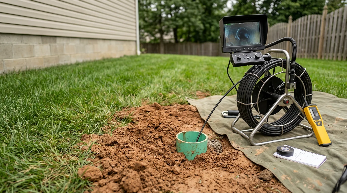 A plumber inspecting an exposed residential sewer lateral in a Cranberry Township backyard, with clay soil visible around the excavated pipe section. The image shows a cracked pipe being assessed for repair.