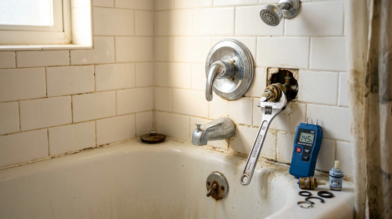 A plumber repairing a shower valve and drain fixture inside a residential bathroom in Cranberry Township, PA. The repair addresses a leaking tub faucet and slow drain common in the area's older single-family homes.