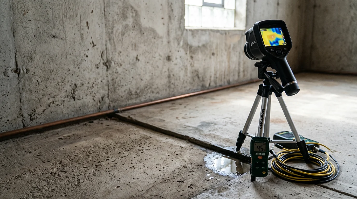A plumber using electronic detection equipment on a concrete slab floor inside a Cranberry Township, PA home. The image shows the technician working at floor level to locate a hidden water line leak beneath the foundation.