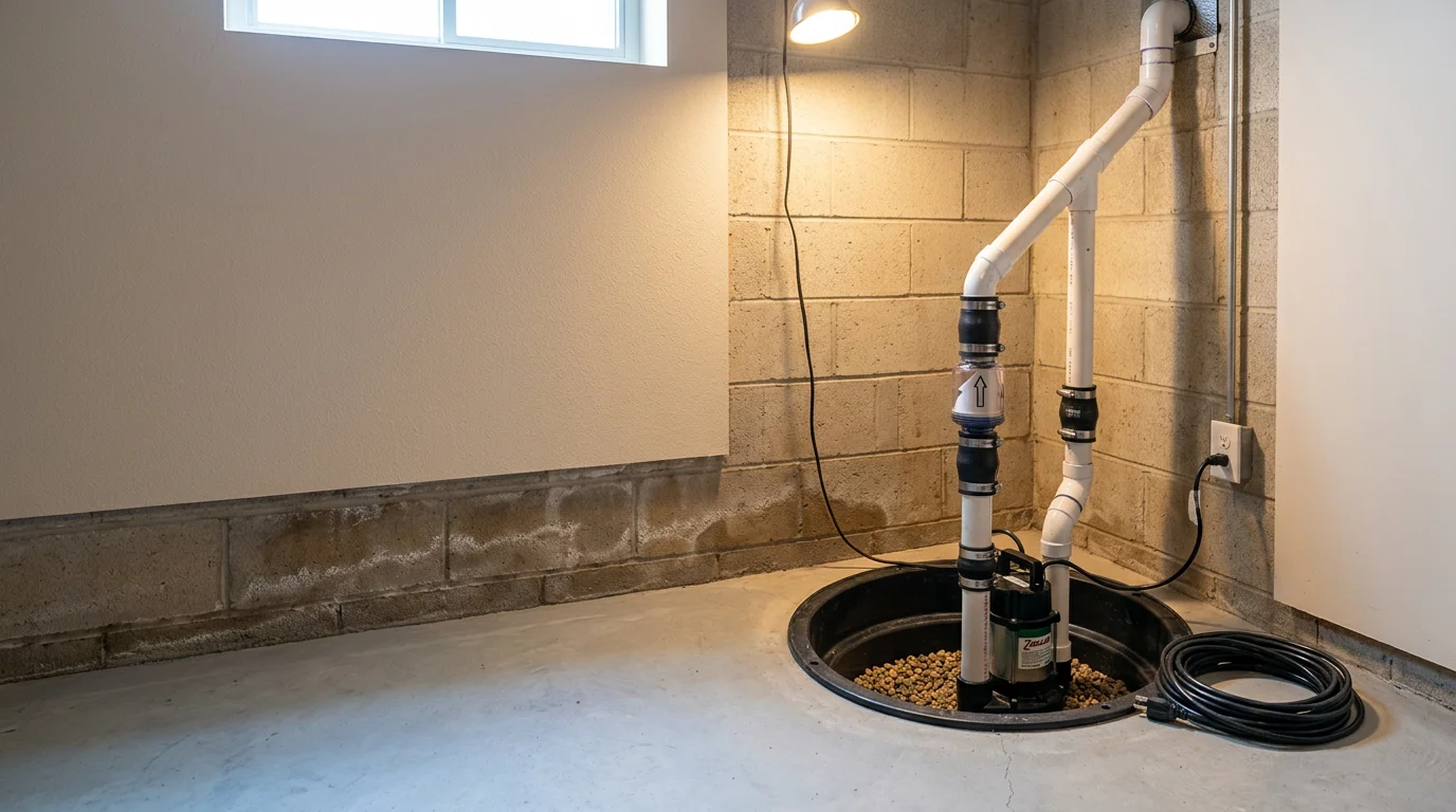 A newly installed sump pump sitting in a concrete pit in a Cranberry Township home basement, with a discharge line routed toward the exterior wall and a check valve visible above the pump housing.