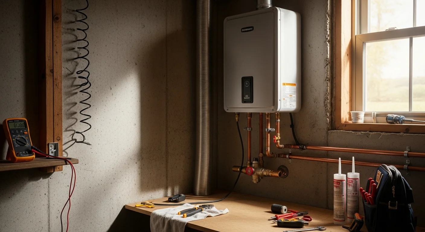 A wall-mounted tankless water heater installed in the utility room of a Cranberry Township, PA home, with new gas supply lines and venting connections visible. A licensed plumber from Out Of This World Plumbing Services inspects the completed installation.
