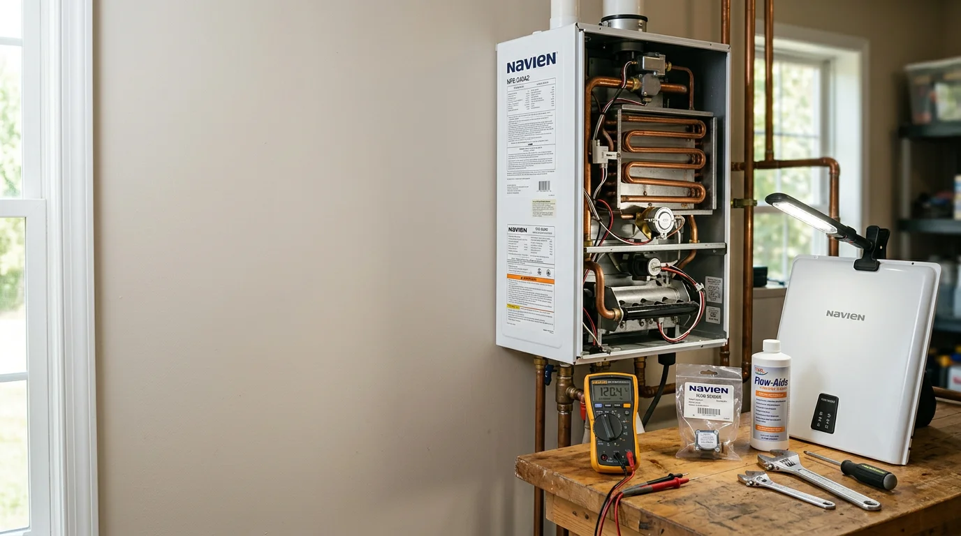 A plumber inspecting the internal components of a wall-mounted tankless water heater during a repair visit in a Cranberry Township home. The unit's front panel is open, showing the heat exchanger and burner assembly.