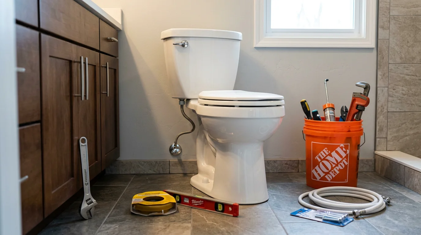 A newly installed toilet in a clean residential bathroom in Cranberry Township, Pennsylvania. A plumber checks the base connection and supply line fitting after completing the installation.