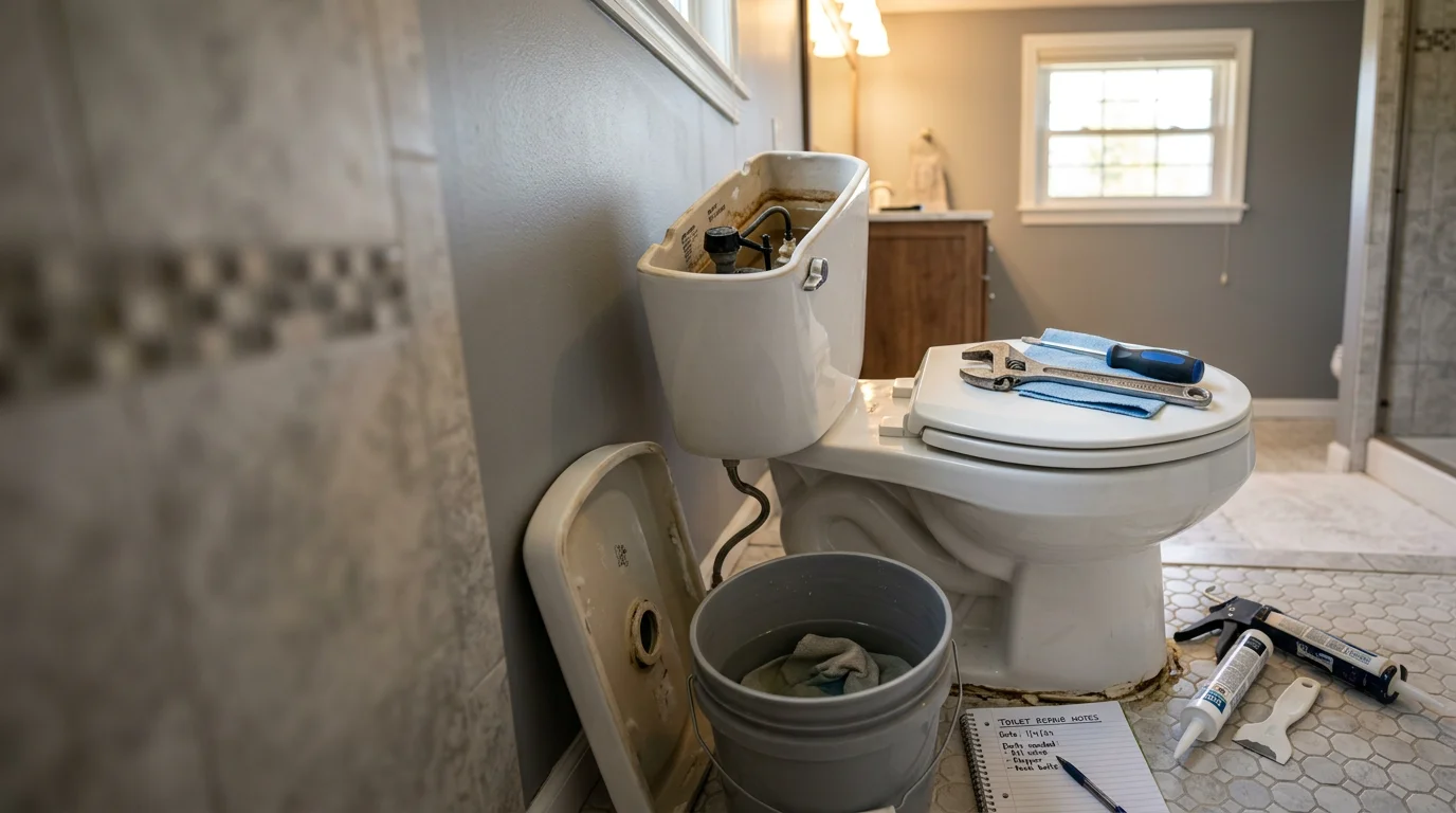 A plumber inspecting the internal tank components of a residential toilet during a repair visit in a Cranberry Township, PA home. The toilet base and surrounding bathroom floor are dry and undamaged after the completed repair.