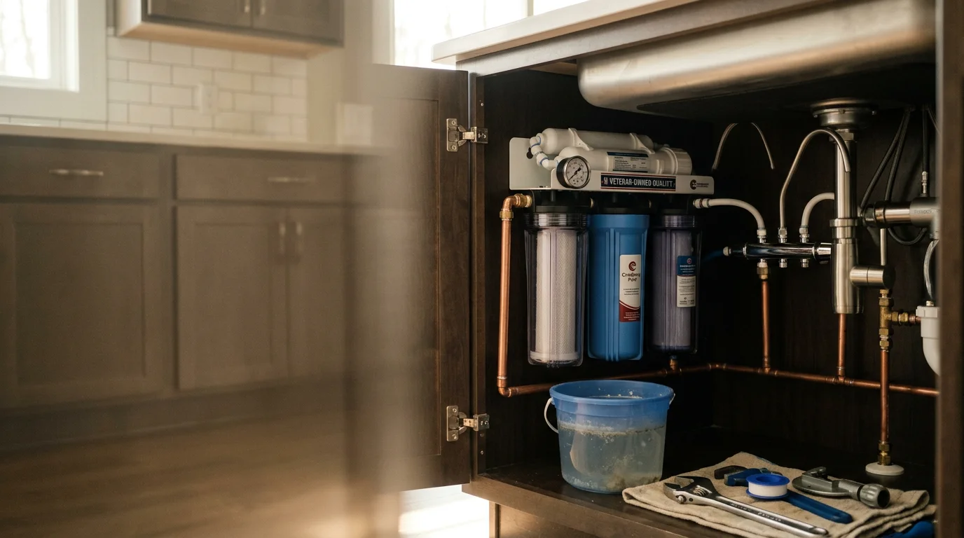 A whole-house water filtration system installed on the plumbing lines inside a Cranberry Township, PA home. The system connects to the main supply line with clean copper fittings and a sediment filter housing mounted to the wall.