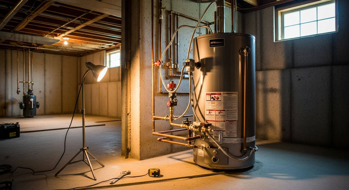 A licensed plumber from Out Of This World Plumbing Services completing a water heater installation in a Cranberry Township, PA residential utility room. The new tank unit is connected to copper supply lines with all fittings secured and the area left clean.