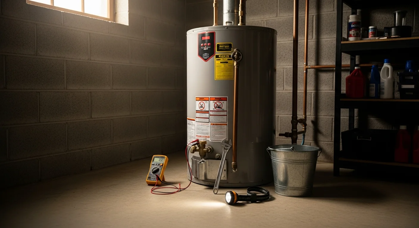A licensed plumber inspecting a residential tank water heater in a utility room of a Cranberry Township, PA home. The technician checks connections and the pressure relief valve during a water heater repair service call.