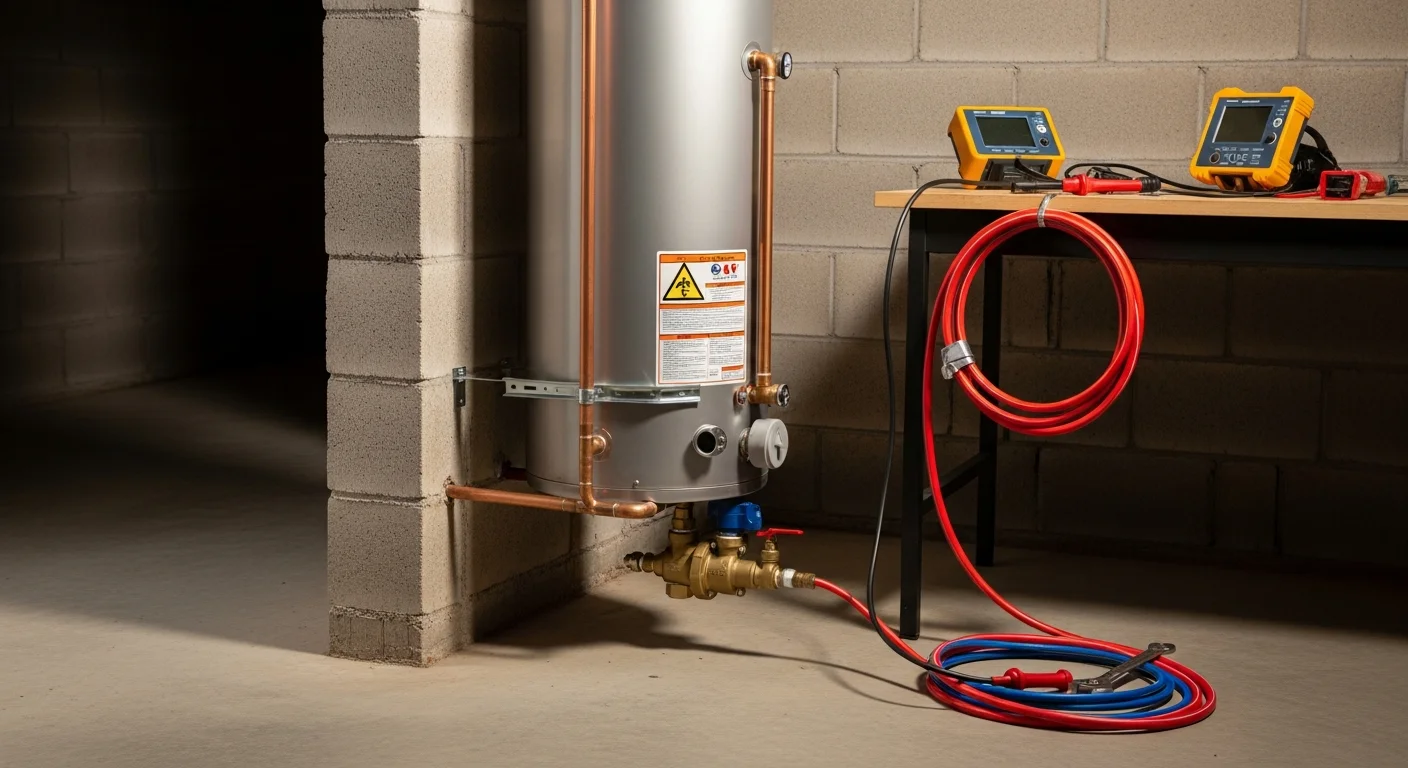 A licensed plumber from Out Of This World Plumbing Services installing a new tank-style water heater in the utility room of a Cranberry Township home. The old corroded unit sits beside it ready for removal.