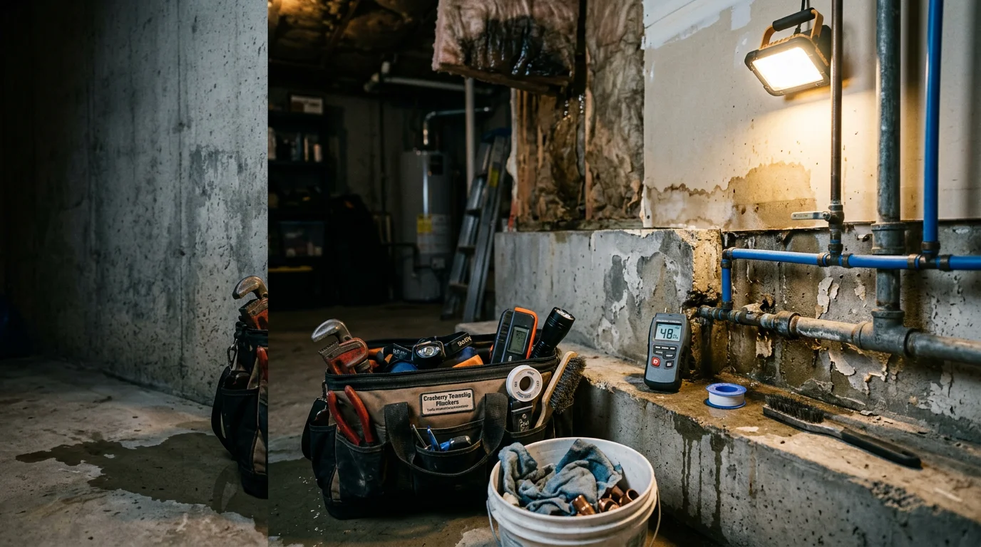 A plumber inspecting a repaired pipe joint beneath a kitchen sink in a Cranberry Township, PA home. The surrounding cabinet interior is dry with no visible water staining after the leak repair.