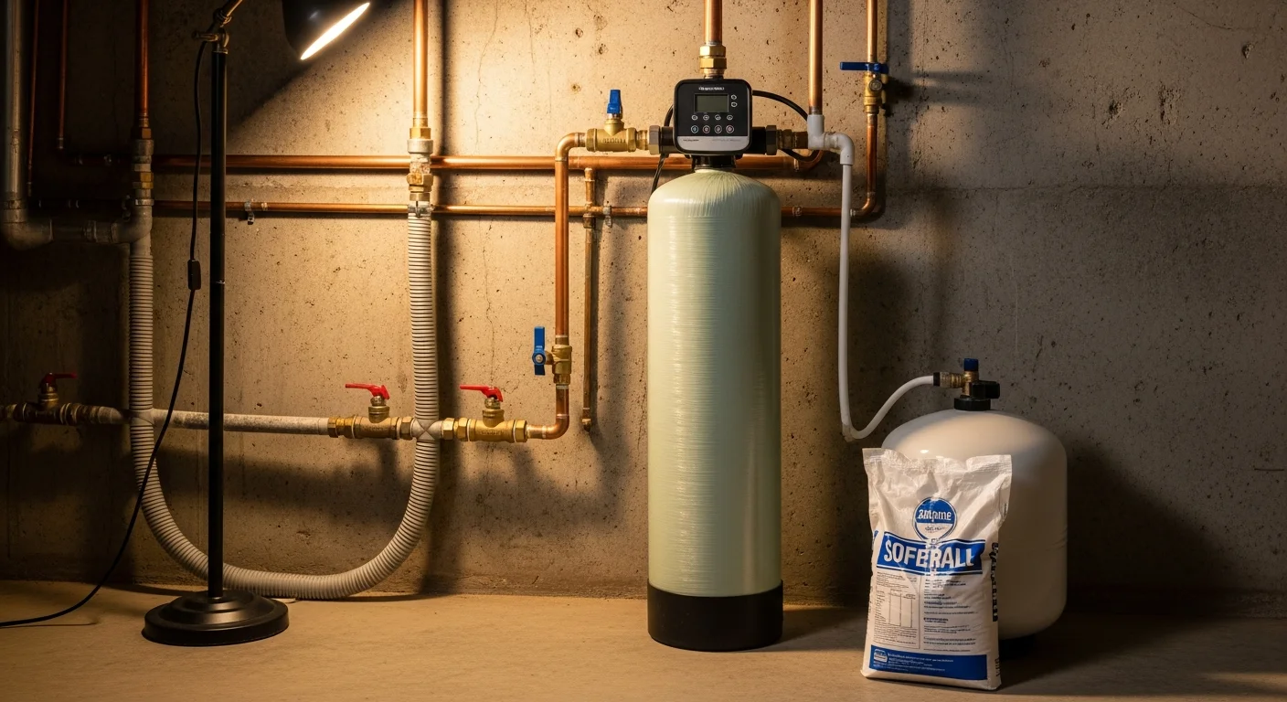 A newly installed water softener unit connected to the main water supply line inside a Cranberry Township, PA home. The system sits in a utility room next to the water heater, with clean copper pipe connections and a brine tank positioned alongside the softener.
