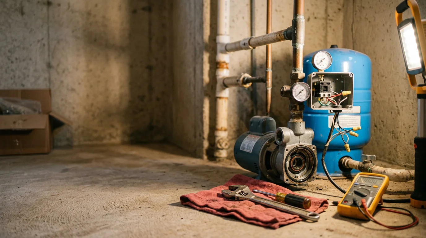 A plumber inspecting a residential well pump system in a utility area of a home in Cranberry Township, Pennsylvania. The pump, pressure tank, and connecting pipes are visible during a diagnostic repair visit.
